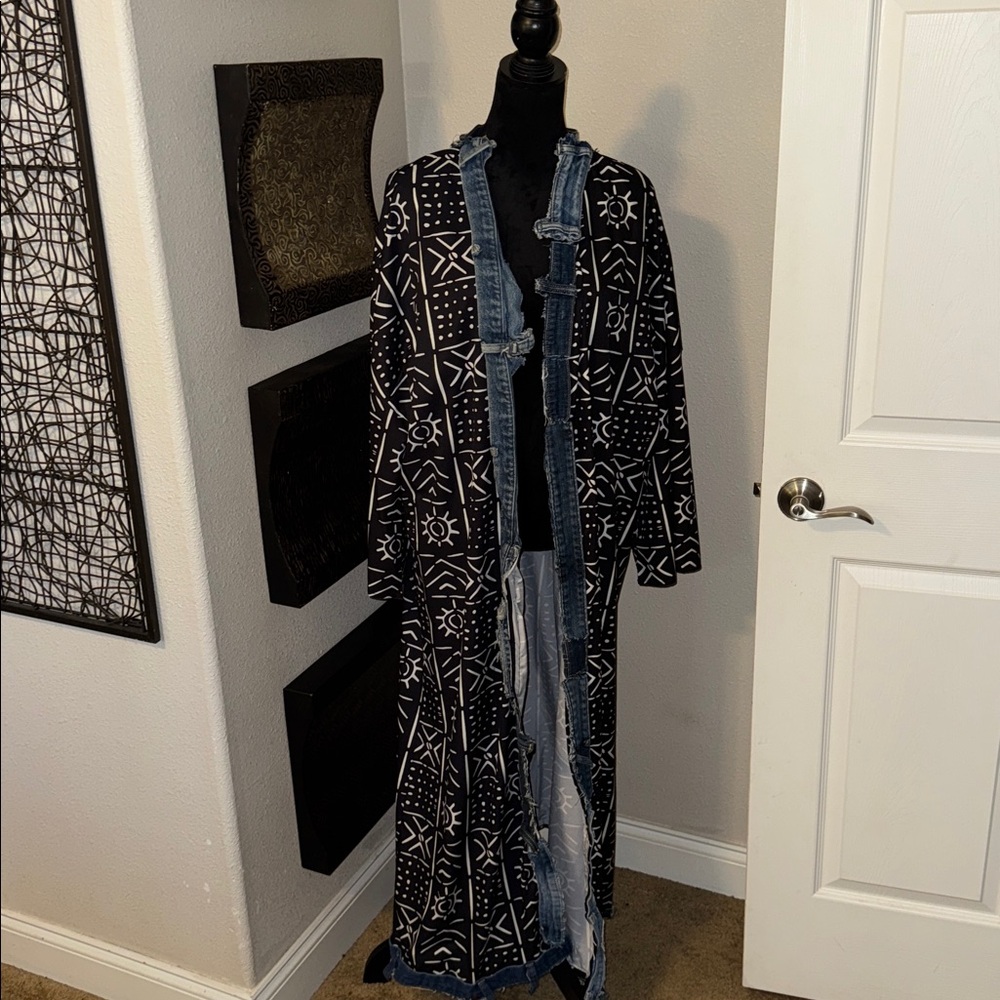 Black and White Patterned Long Coat with Denim Trim